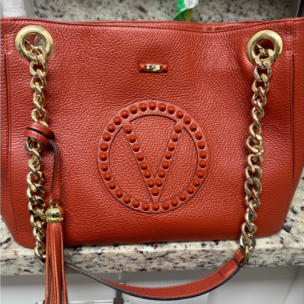 Valentino Red and Gold Shoulder Bag with Chain Straps